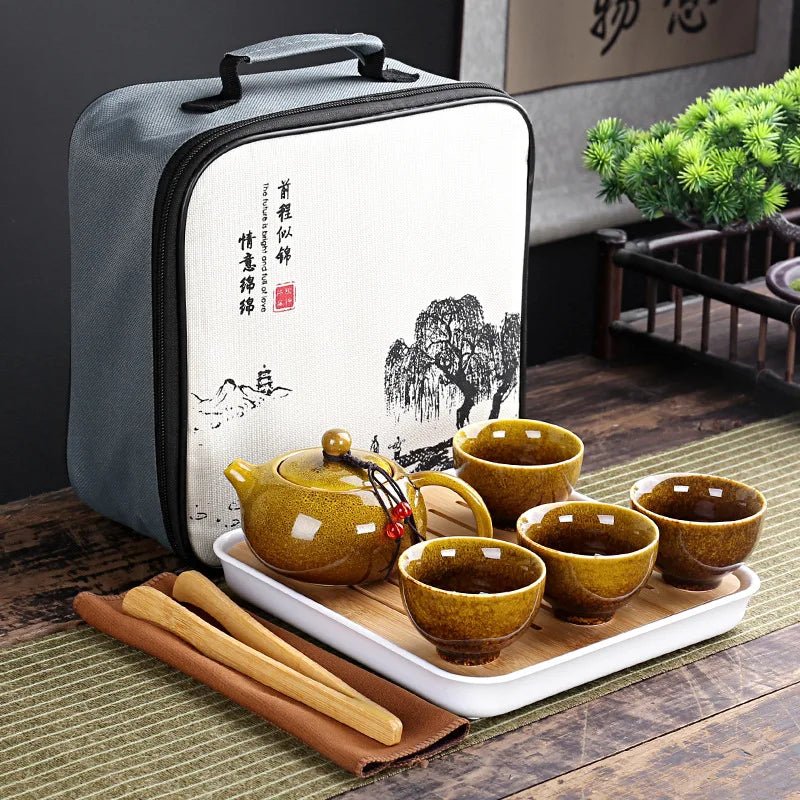 Service à Thé - TravelKungFuSet™ -  porcelaine jaune 5A avec théière, Gaiwan et 4 tasses dans étui de voyage renforcé