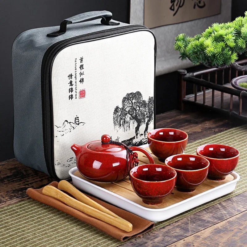 Service à Thé - TravelKungFuSet™ -  rouge.  Porcelaine rouge 5A avec théière, gaiwan,4 tasses et étui de voyage renforcé