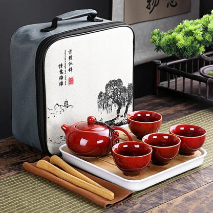 Service à Thé - TravelKungFuSet™ -  rouge.  Porcelaine rouge 5A avec théière, gaiwan,4 tasses et étui de voyage renforcé