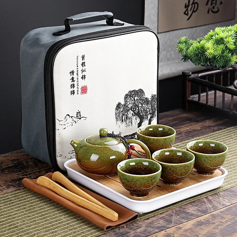 Service à Thé - TravelKungFuSet™ - porcelaine verte 5A avec théière, gaiwan, 4 tasses et étui de voyage renforcé