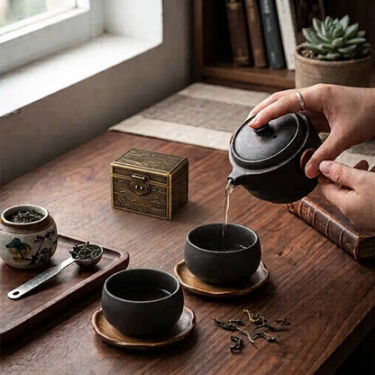 Service à thé Voyage Zen couleur noir femme entrain de verser infusion dans tasses déposées dans soucoupes en cuivres
