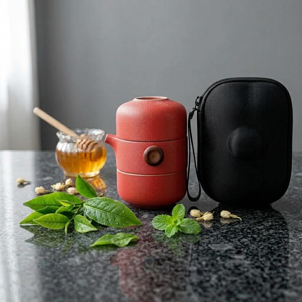 Service à thé Voyage Zen rouge avec étui de voyage sur comptoir en marbre noir miel et feuilles de menthe à proximité