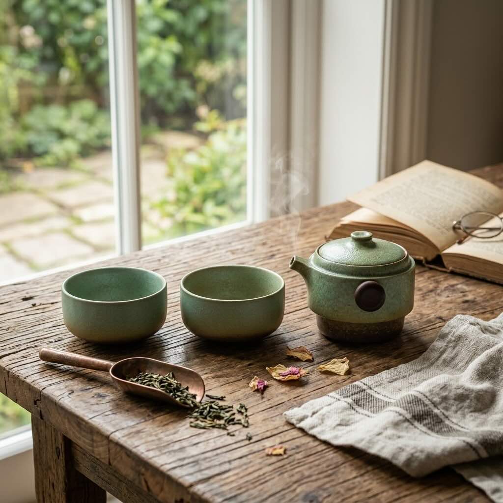 Service à thé Voyage Zen vert théière et tasses déposées sur comptoir champêtre face à une fenêtre