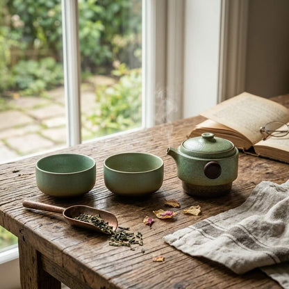 Service à thé Voyage Zen vert théière et tasses déposées sur comptoir champêtre face à une fenêtre