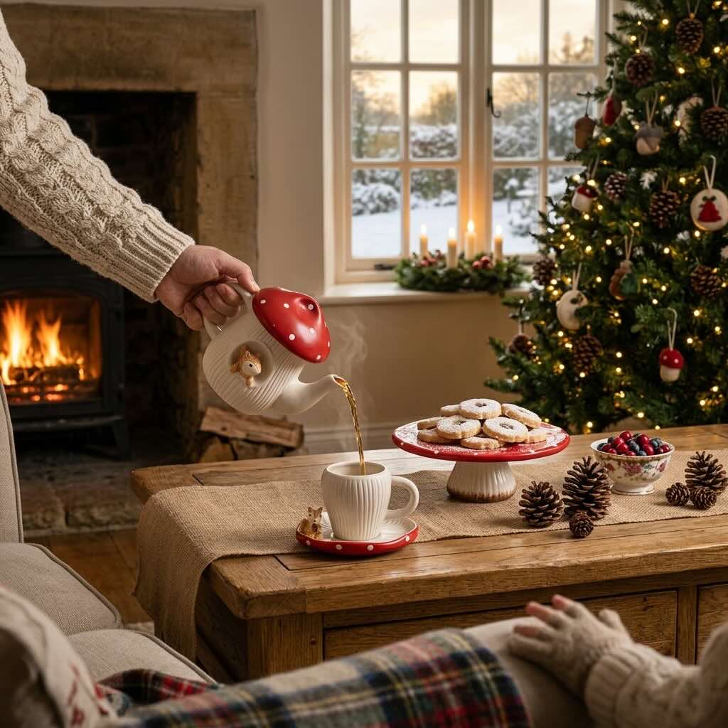Service à thé WarmSip homme entrain de verser un thé dans tasse assortie du set au salon ambiance des fêtes