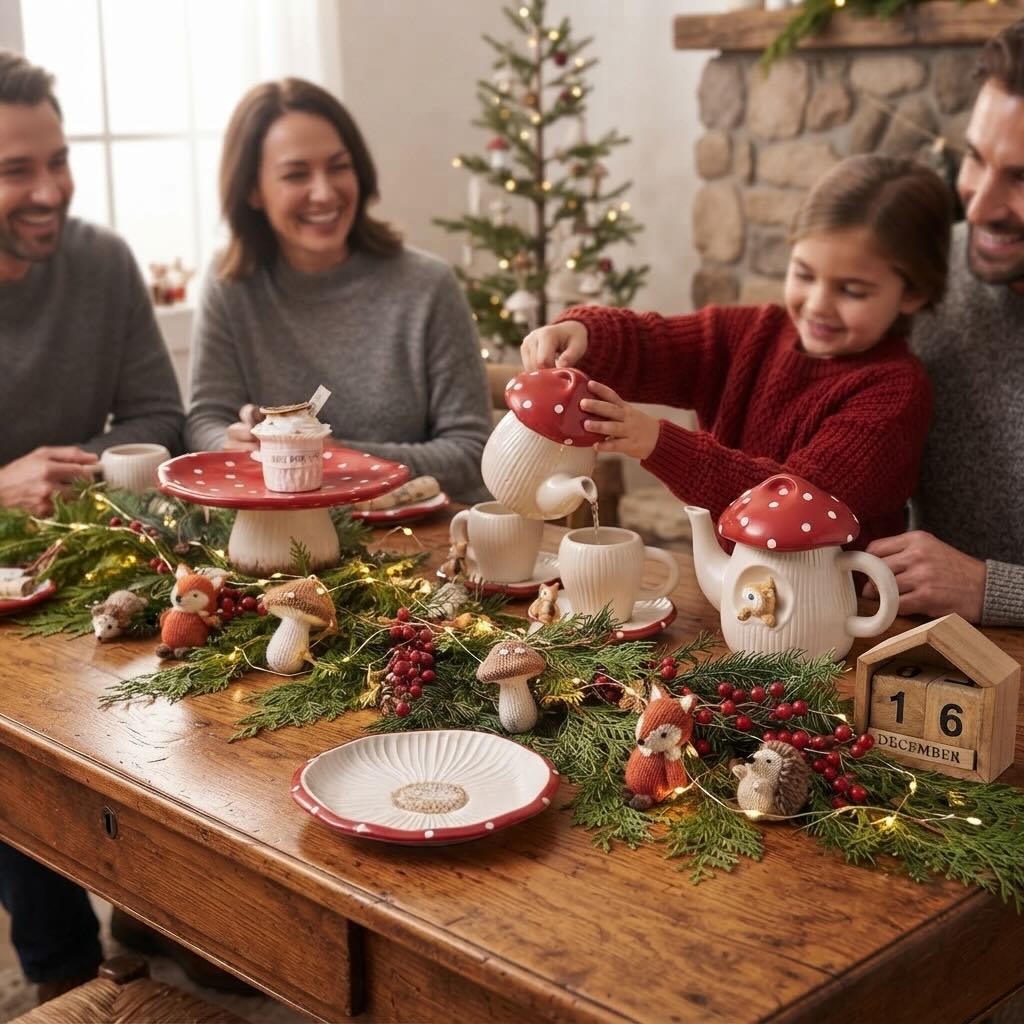 Service à thé WarmSip sur une table champêtre dans une réunion de famille pour les festivités de Noël