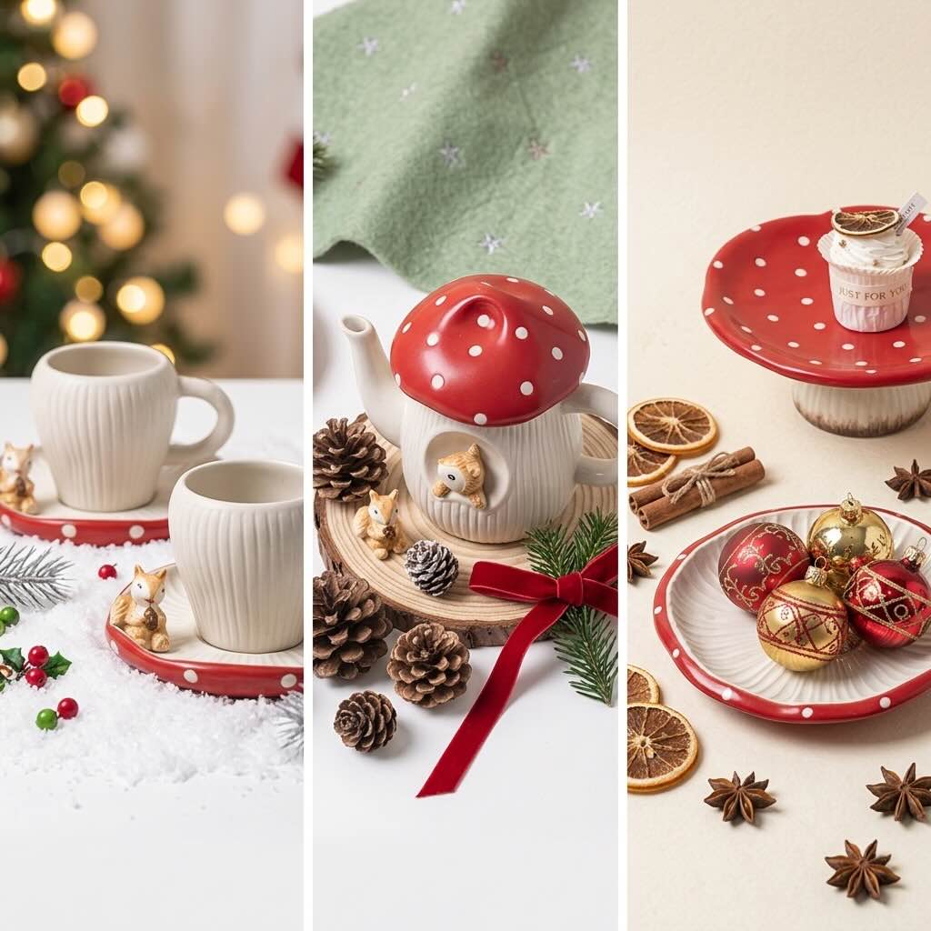 Service à thé WarmSip trois scènes différentes avec les composantes de ce set, tasses, soucoupes, théière, plateau dans une ambiance de Noël