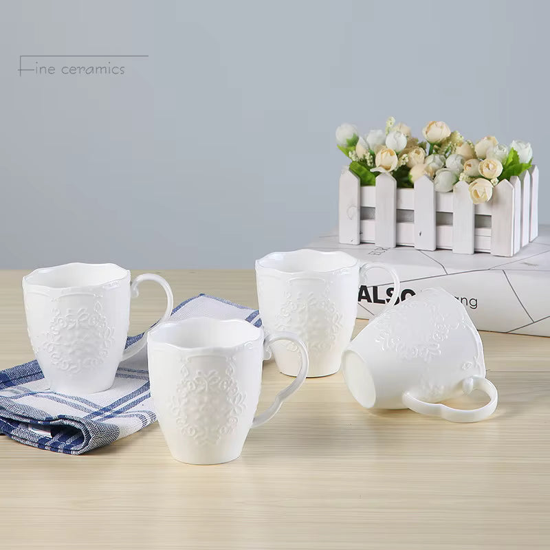 tasses service à thé WhiteEmbossTea silhouette élégante en porcelaine blanche gaufrée