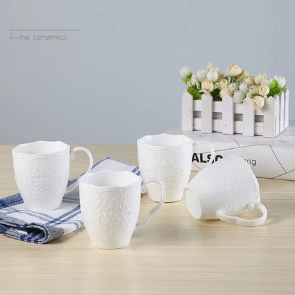 tasses service à thé WhiteEmbossTea silhouette élégante en porcelaine blanche gaufrée