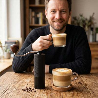 Un cappuccino et le moulin a cafe | Le Pommeau posés sur une table devant un homme souriant.