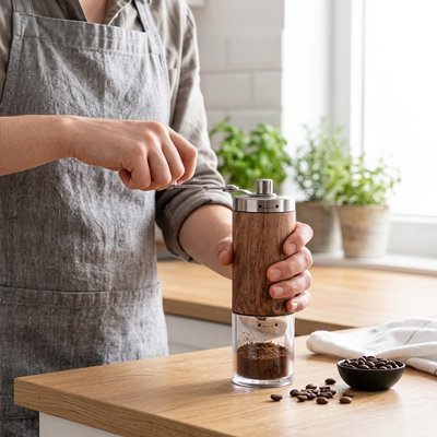 Un homme en tablier gris est en pleine action, actionnant le Moulin à Café | Arômes Intenses pour préparer son café du matin dans une cuisine lumineuse
