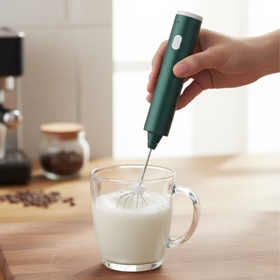 Un mousseur de lait vert élégant crée une mousse de lait onctueuse dans une tasse transparente sur comptoir en bois.