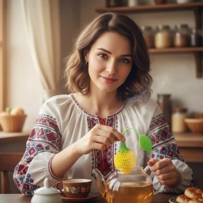 Une femme en chemise style décontractée utilise un Infuseur a thé | Fraisinette jaune dans une théière en verre