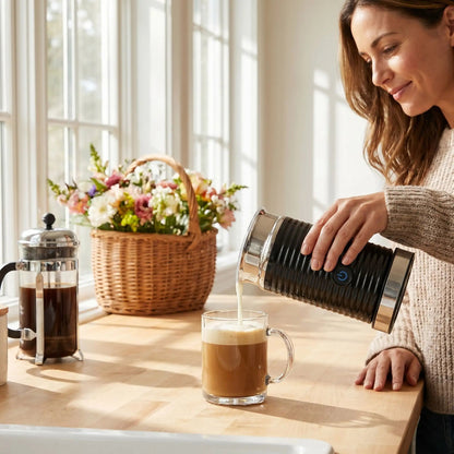 Une femme souriante dans une cuisine lumineuse utilise son mousseur à lait électrique pour préparer un latte matinal.