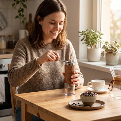 Une femme sourit tout en utilisant le Moulin à Café | Arômes Intenses manuel pour moudre grains fraîchement torréfiés sur table en bois
