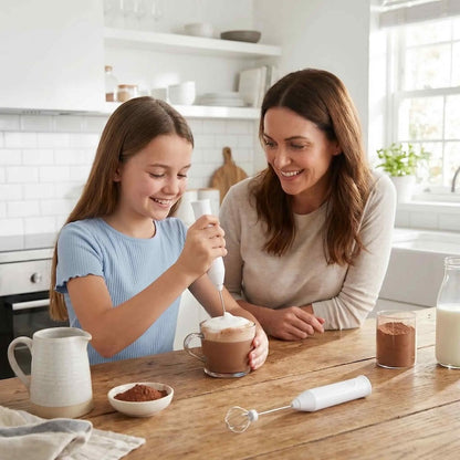 Une jeune fille et une femme utilisent le Mousseur lait | Le Vortex blanc pour faire mousser du chocolat chaud.