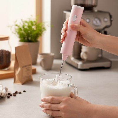 Une personne utilise le mousseur de lait | L'Hybride rose pour créer une mousse crémeuse dans une tasse en verre sur son plan de travail.