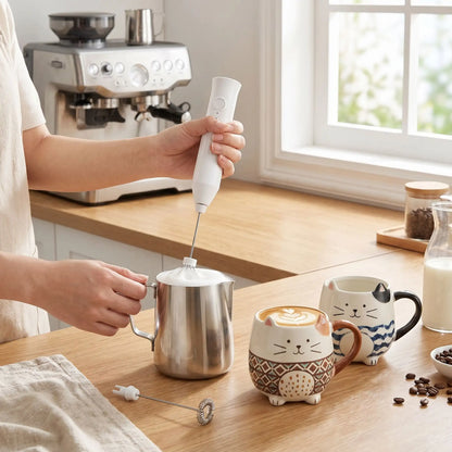 Utilisation du mousseur lait | Le Vortex pour créer une mousse onctueuse dans un pichet en inox pour un cappuccino maison. 