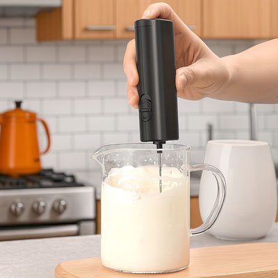 Utilisation d'un mousseur a lait | Crémeux Express dans un pichet en verre pour préparer une mousse onctueuse dans une cuisine moderne
